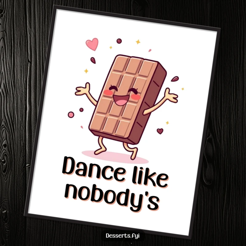 Funny poster featuring a joyful chocolate bar doing a vibrant, energetic dance, perfect for adding a burst of energy and celebration to any wall.