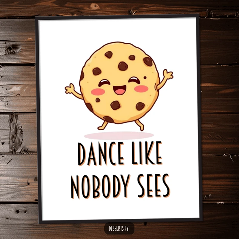Funny Poster art of a happy cookie character with chocolate chips dancing energetically, bringing a sweet and humorous vibe to wall decor.