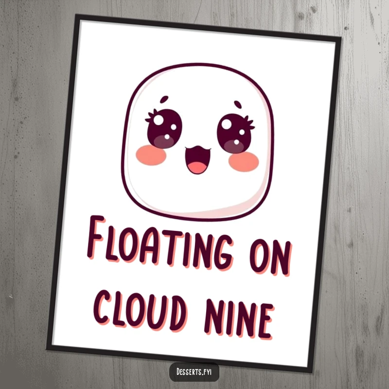 Funny poster featuring a surprised marshmallow floating upwards with wide, happy eyes, adding a touch of whimsical joy and delightful surprise to any wall space.