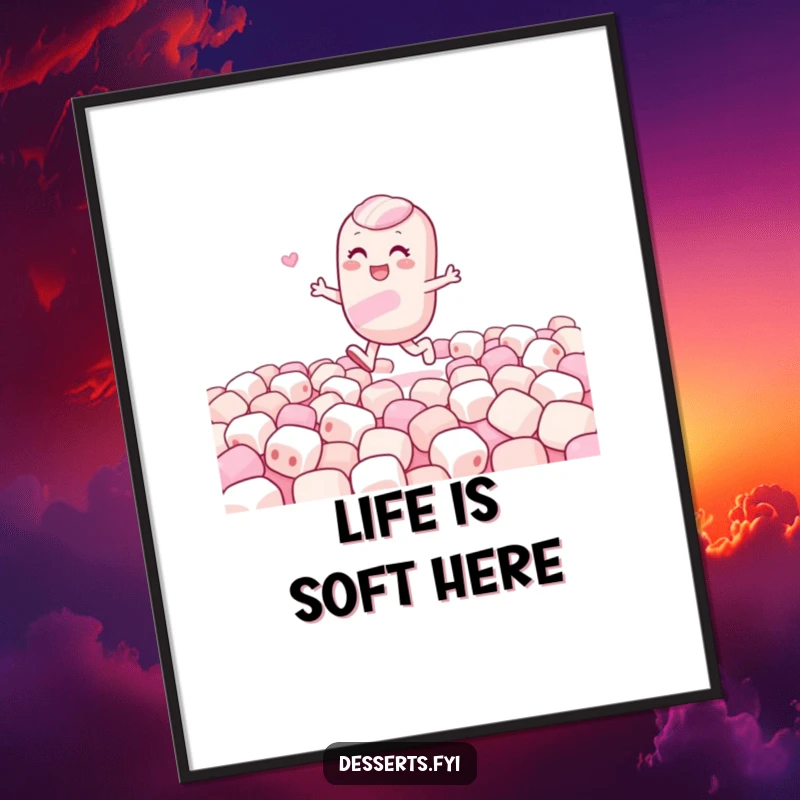 Funny poster depicting a gleeful candy character skipping through a soft marshmallow landscape, capturing pure happiness and playful vibes.