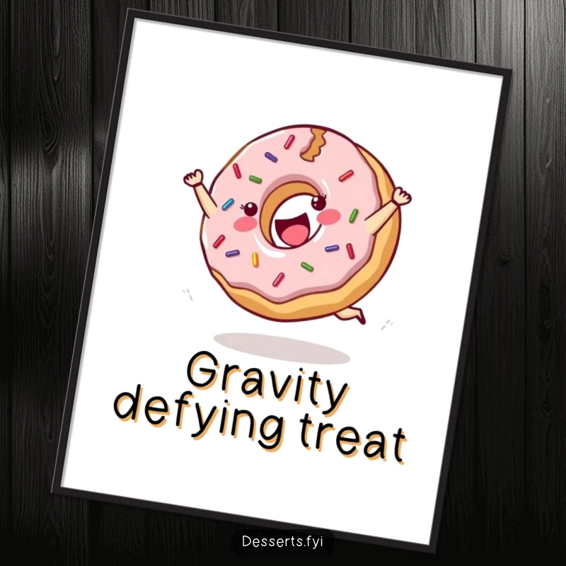 Funny poster print of a cheerful donut with sprinkles doing a joyful cartwheel, bringing dynamic wall decor.