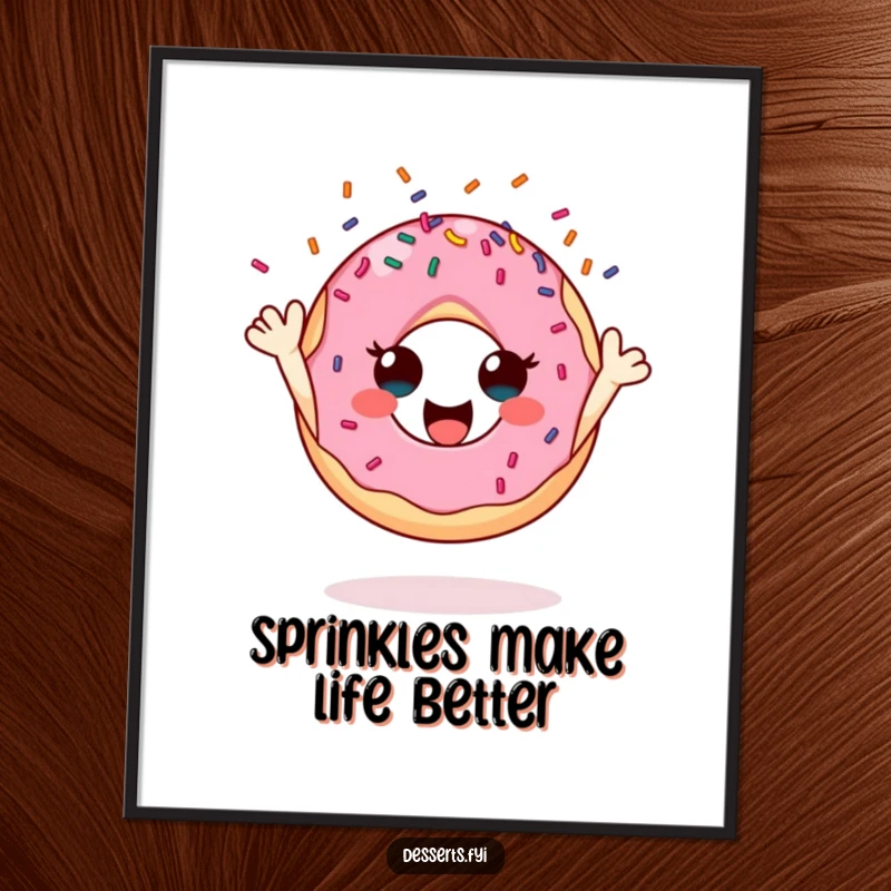 Funny donut poster, a character exuberantly tossing sprinkles into the air, capturing a moment of pure, unbridled happiness.