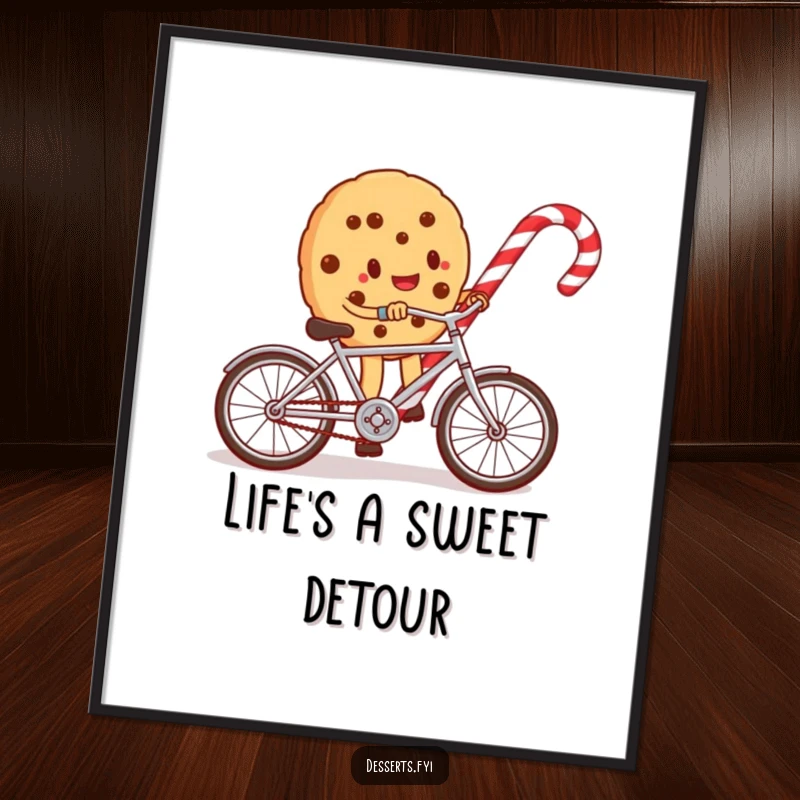 Funny poster featuring a whimsical cookie character happily cycling a miniature bike around a large candy cane, capturing a moment of pure fun.