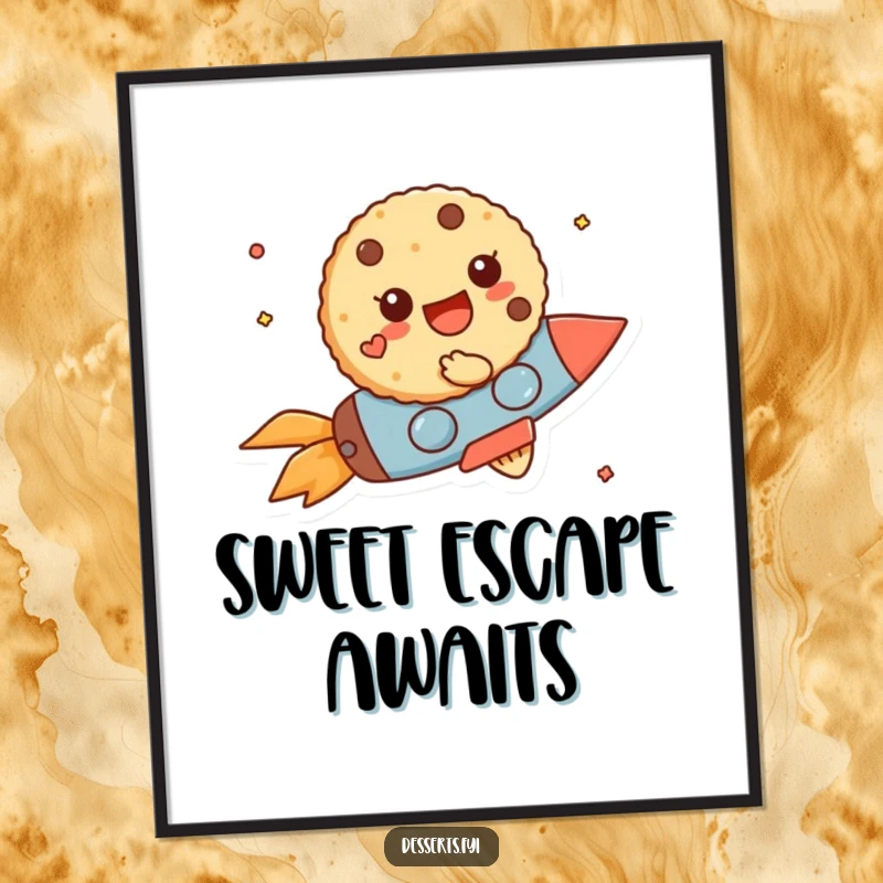 Funny Poster: A cheerful cookie character zooms on a tiny rocket, bringing whimsical, high-flying art.