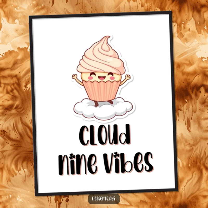 Funny Poster: A smiling cupcake character dances joyfully on a whipped cream cloud, creating a sweet and humorous piece of art.