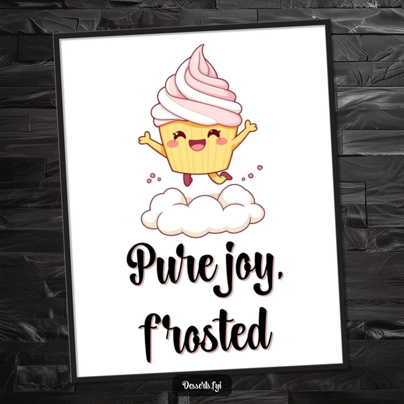 Funny Poster: A cheerful cupcake character joyfully leaps into a fluffy cloud of whipped cream, sweet and funny.