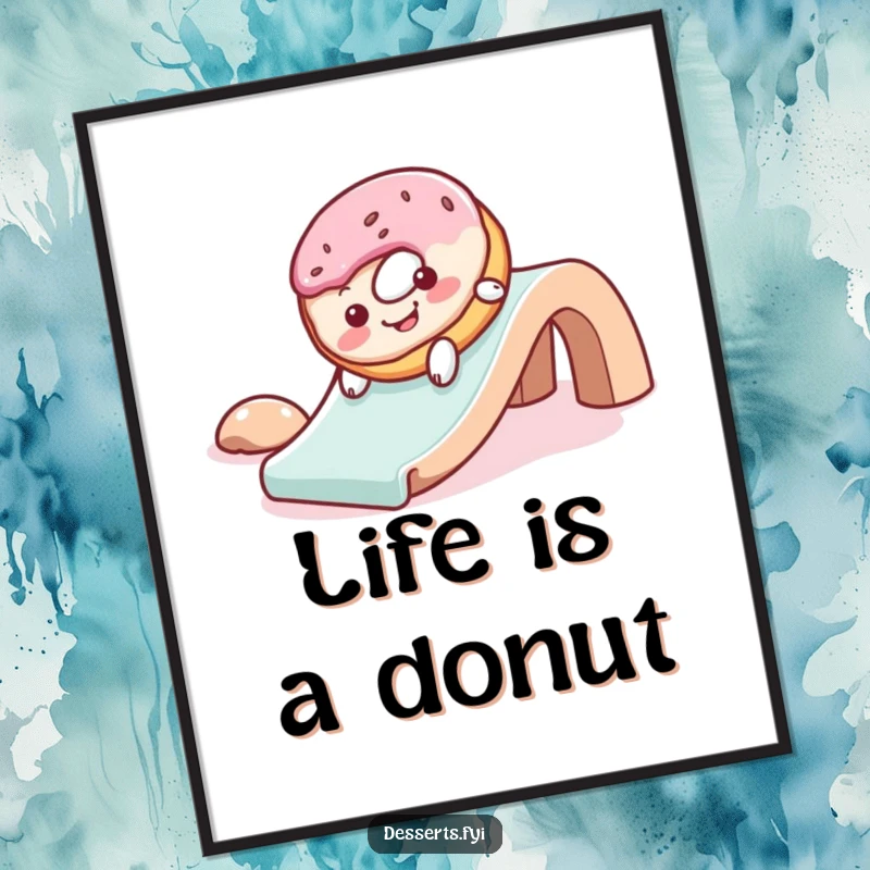 Funny poster showcasing a cheerful donut with frosting, gleefully sliding down a slide, adding joyful and playful wall decor.