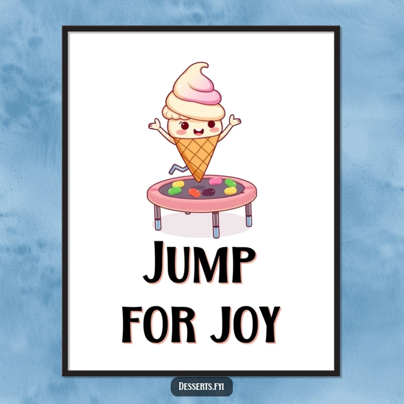 Funny playful ice cream cone character jumping high on a jelly bean trampoline on a vibrant poster, a piece of joyful art.