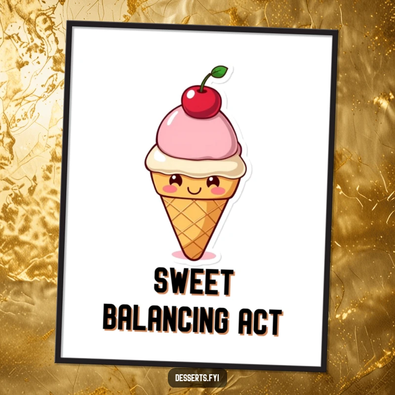 Funny Poster: A smiling ice cream cone character balances a cherry on its head, creating a whimsical and sweet piece of art.