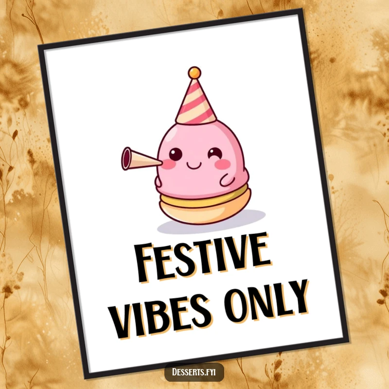 Funny Poster: A happy macaron wearing a tiny party hat and blowing a horn, a festive decoration.
