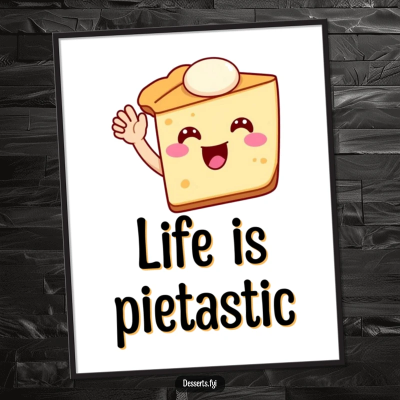 Funny pie slice poster featuring a jubilant pie character waving, adding a cheerful and humorous splash to wall decor.