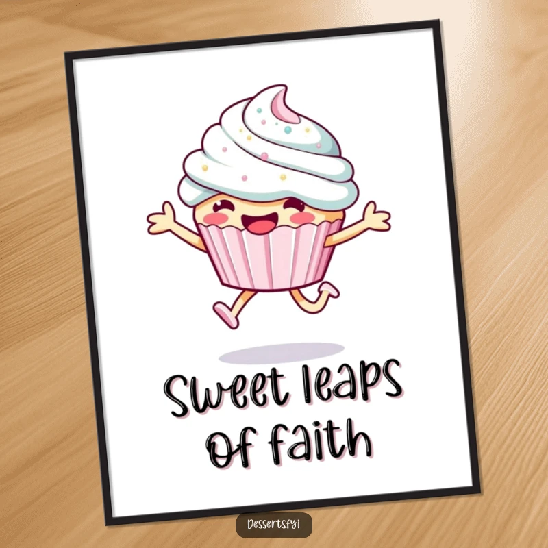Funny cupcake poster, a smiling character mid-leap with dazzling sparkly frosting, creating a visually delightful and humorous piece.