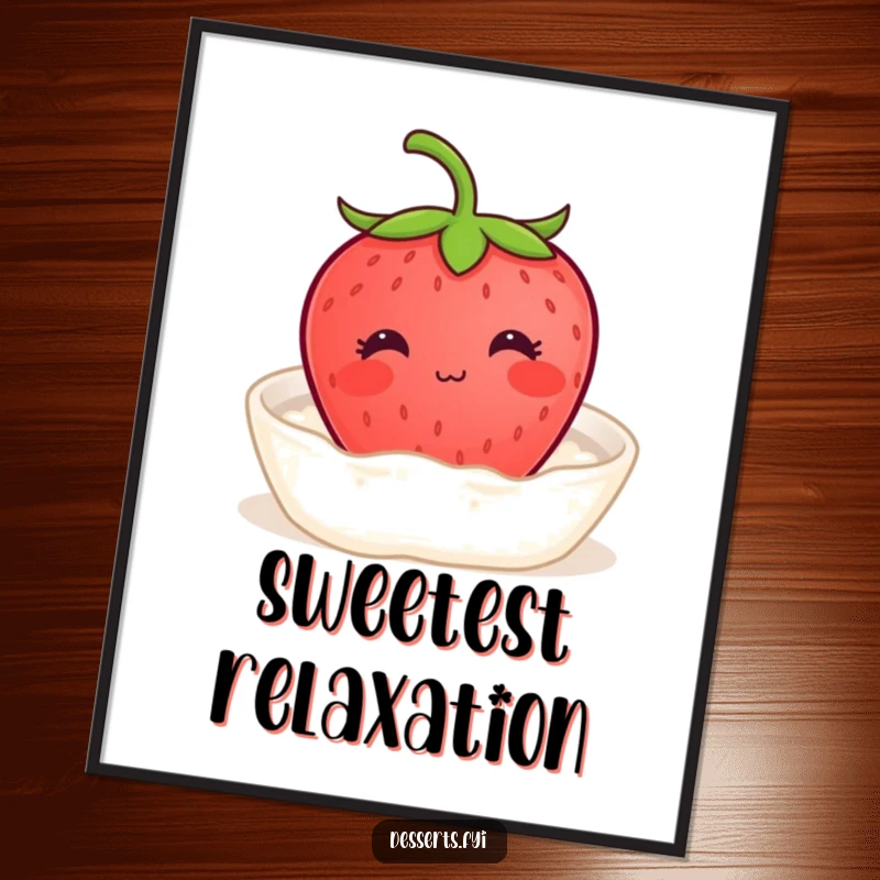 Funny poster featuring a content strawberry with a tiny smile enjoying a bath of cream, perfect for adding serene bliss and sweet charm to any wall.