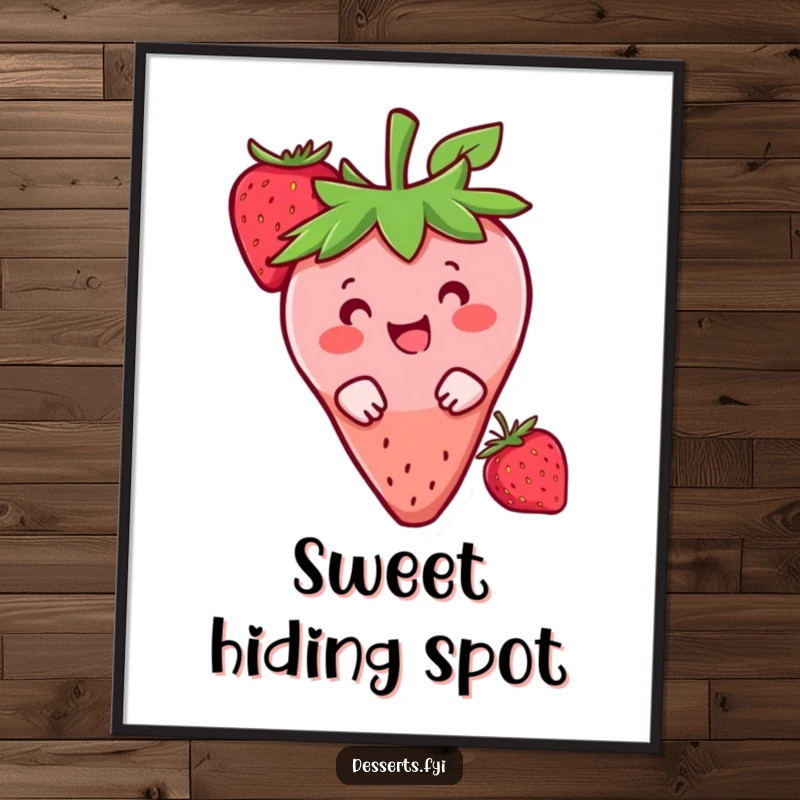 Funny poster of a happy strawberry character peeking shyly from behind a berry, bringing a sweet and playful vibe.