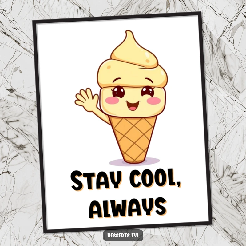 Funny poster showcasing a smiling ice cream cone character waving excitedly, adding a playful and humorous artistic touch to any room.