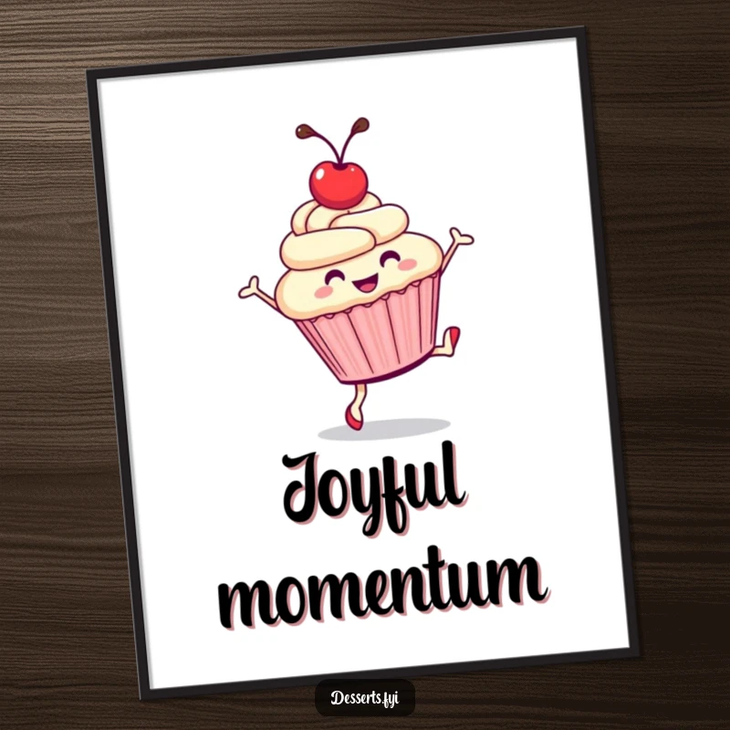 Funny poster featuring a smiling cupcake with a cherry on top doing a cartwheel, a cheerful and humorous piece of decor.