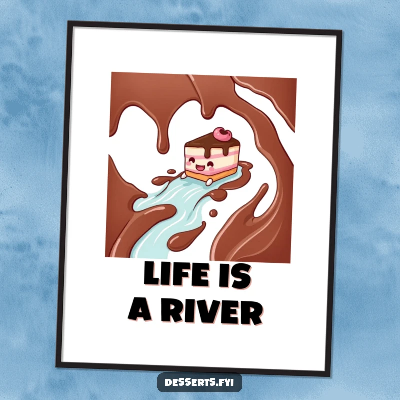 Funny smiling cake character enjoying a thrilling ride down a chocolate syrup river on a vibrant poster, capturing fun dessert art.