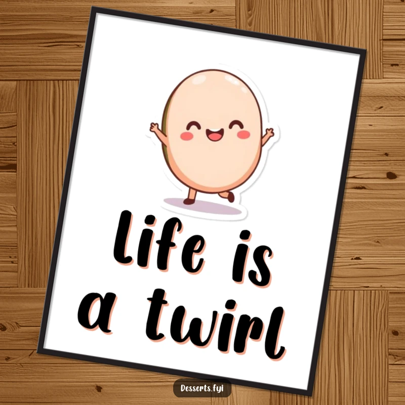 Funny Macaron Dance Poster featuring a delighted macaron character twirling, adding Parisian charm and sweet humor to wall decor.