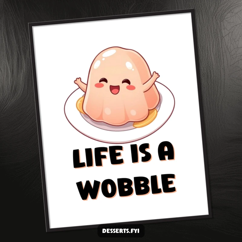 Funny jelly poster, a character joyfully bouncing with delight on a plate, creating a visually fun and humorous scene.