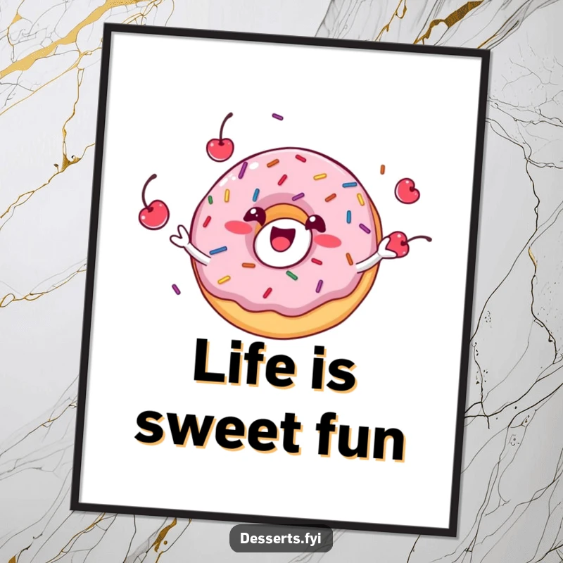 Funny, delighted donut character gleefully juggling colorful sprinkles and red cherries on a vibrant poster, a piece of sweet art.