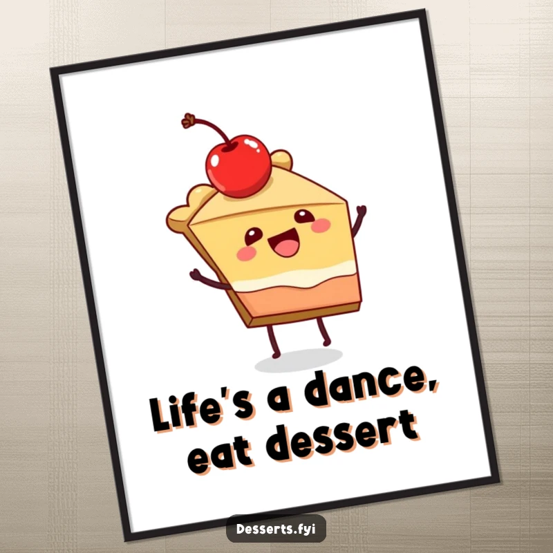 Funny poster featuring a joyful slice of pie with a cherry on top dancing, adding lively energy and humor.