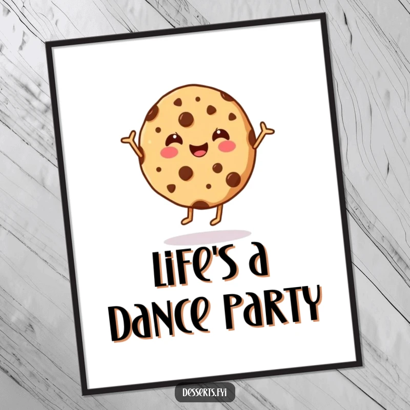 Funny cookie poster illustrating a joyful chocolate chip cookie performing a delightful dance, adding a splash of humor and sweetness to decor.