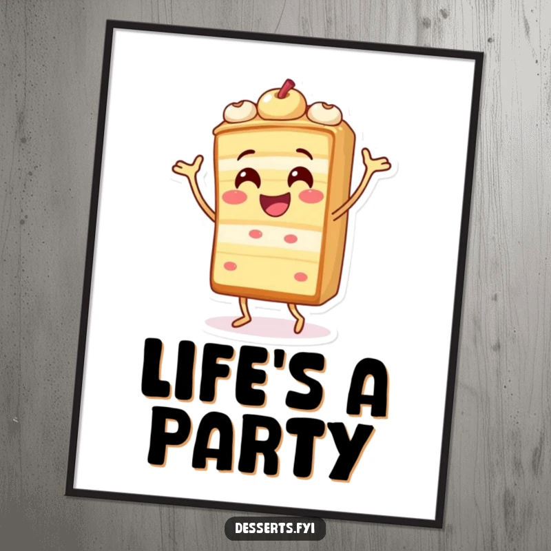 Funny poster of a cheerful cake slice character performing a silly dance, bringing a sense of celebration and joy.
