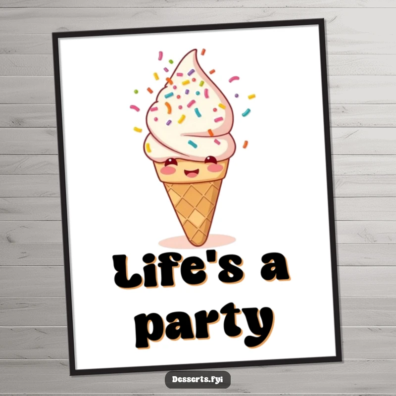 Funny poster print of a giggling ice cream cone joyfully showering itself with colorful rainbow sprinkles. A whimsical and sweet addition to any room.