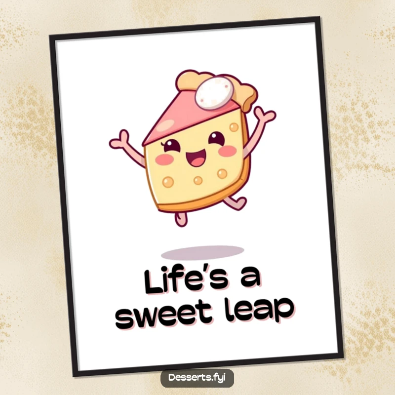 Funny poster print of a jubilant slice of pie soaring through the air, embodying pure mirth and excitement. An uplifting piece of humor for any wall.