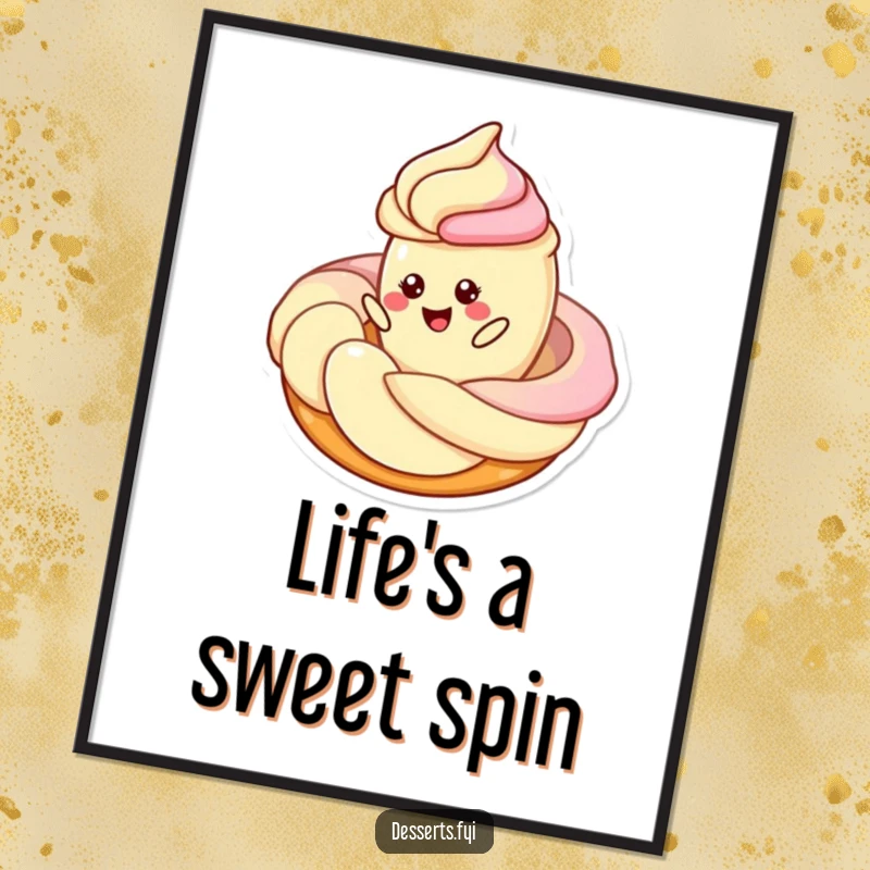 Funny poster featuring a cheerful pastry character twirling around a swirl of frosting, creating a vibrant and humorous visual.