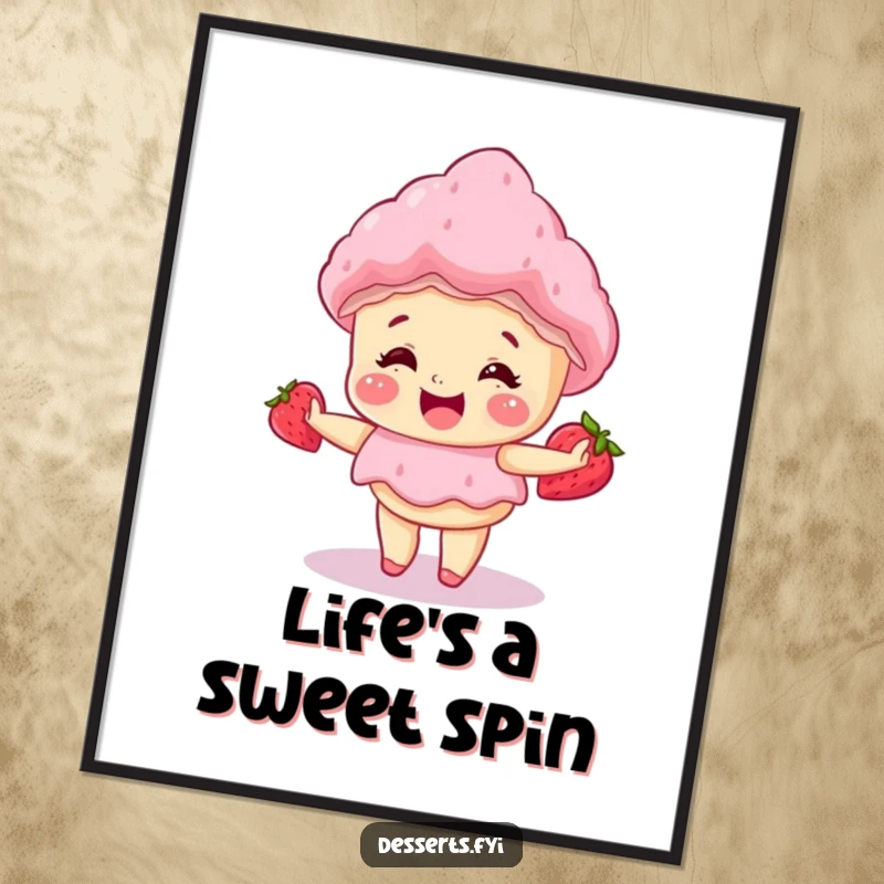 Funny poster of a giggling strawberry shortcake doing a happy little spin, adding sweet joy and playful charm to any wall.
