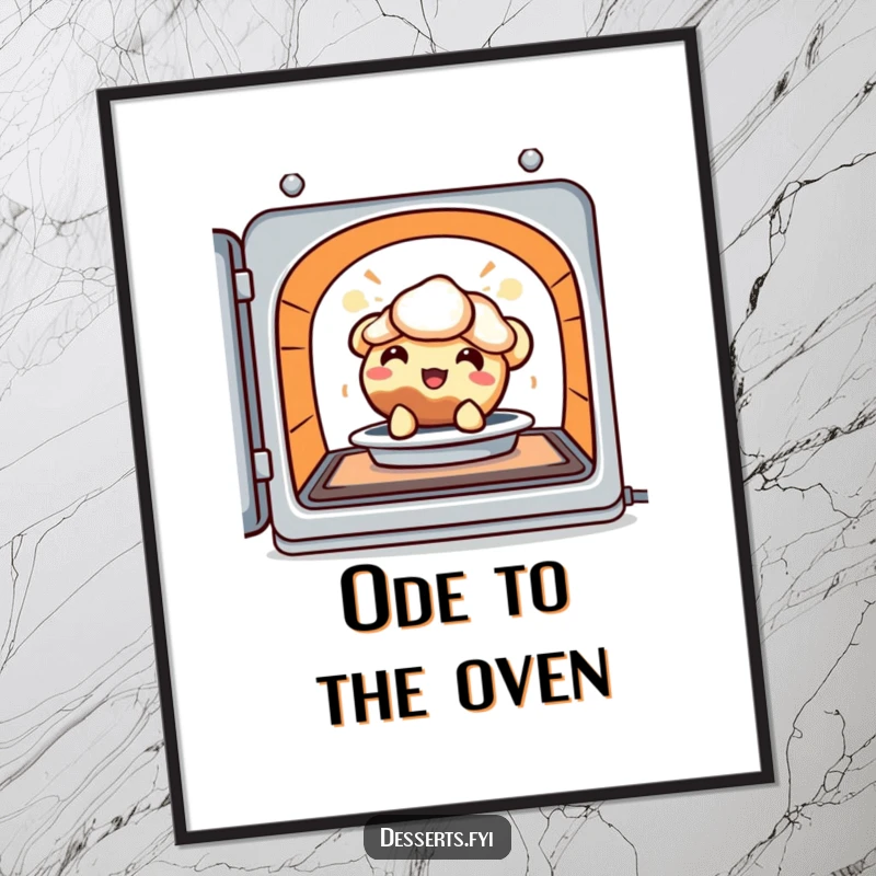 Funny Poster: A delighted pie character peeks out from a warm oven, creating a whimsical and sweet piece of art.