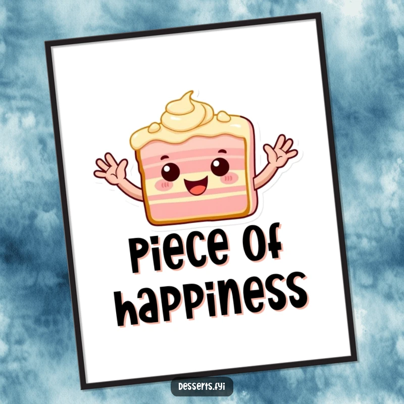 Funny poster print of a playful slice of cake with frosting arms waving enthusiastically, bringing cheerful decor.
