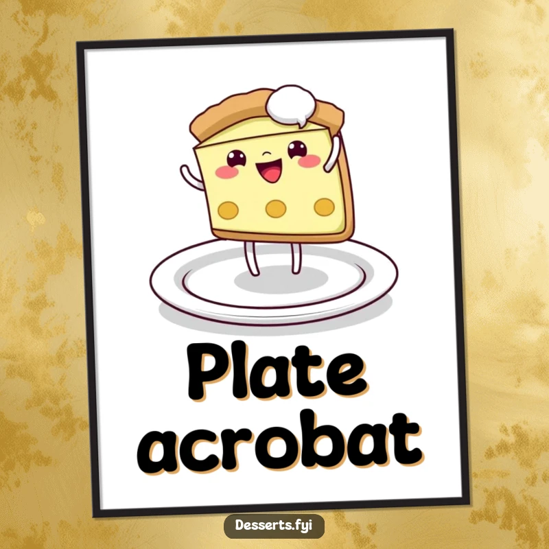 Funny Poster: A playful pie slice cheerfully does a cartwheel across a plate, creating an energetic and humorous piece of art.