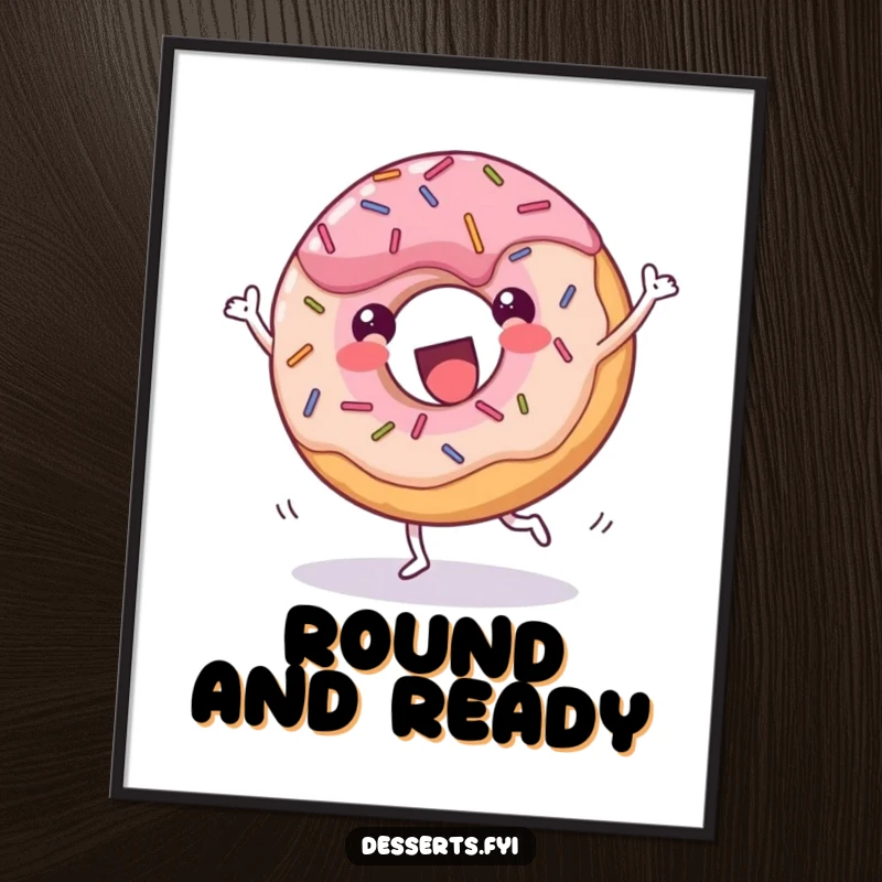 Funny donut poster, a cheerful dessert with sprinkles doing a joyful cartwheel with glee, bringing humorous sweet treat art to any wall.