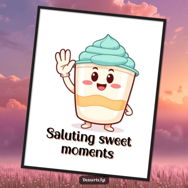 Funny poster of a smiling pudding cup character giving a happy and energetic salute, adding a touch of whimsy.