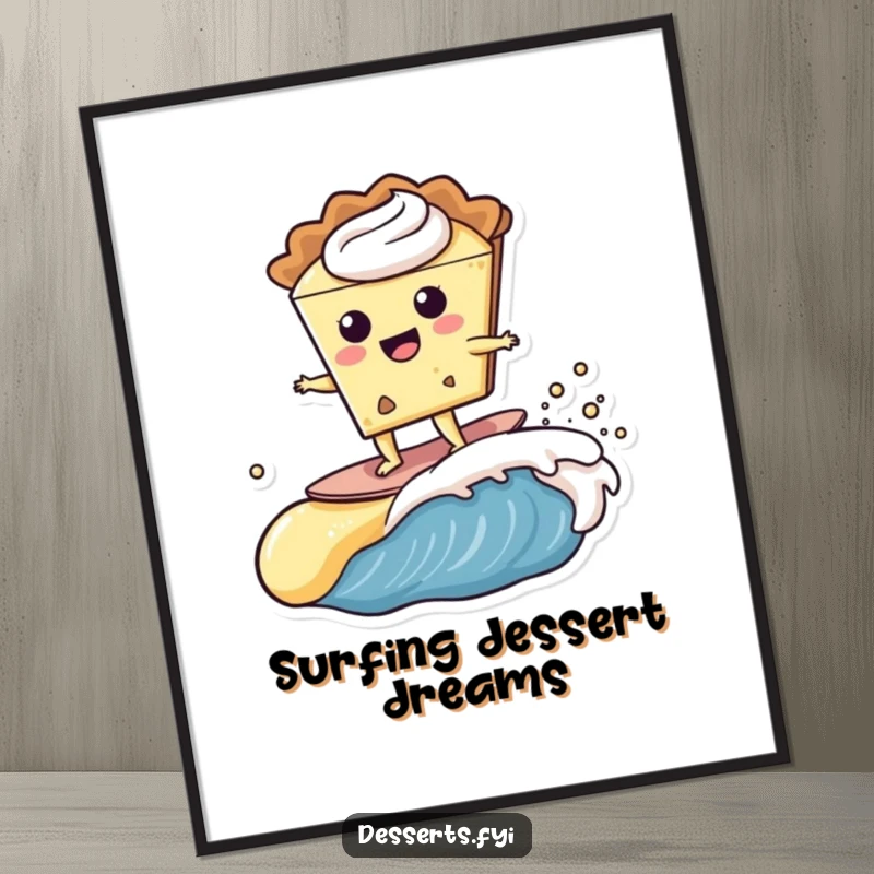Funny happy slice of pie character surfing a creamy custard wave on a vibrant poster, a delightful piece of dessert art.