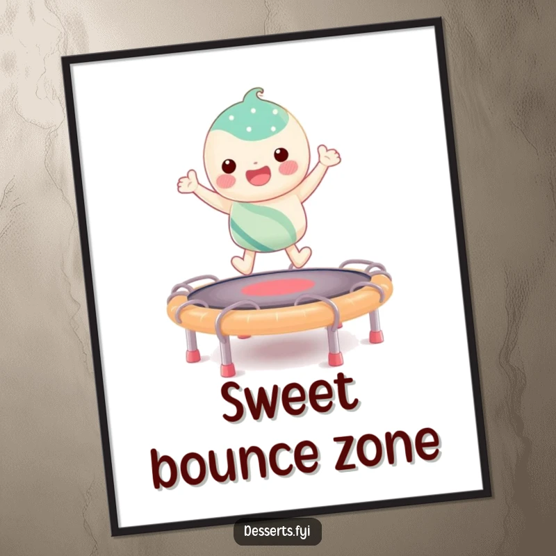 Funny poster of a candy character energetically bouncing on a colorful taffy trampoline, a joyful and visually appealing piece.