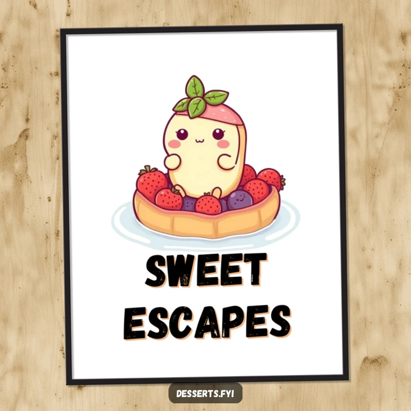 Funny poster featuring a buoyant tart character floating serenely on a berry raft, creating a charming and humorous visual.