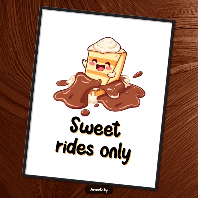 Funny cake poster, a joyful character happily sliding down a rich chocolate syrup river, creating a delectable and humorous scene.