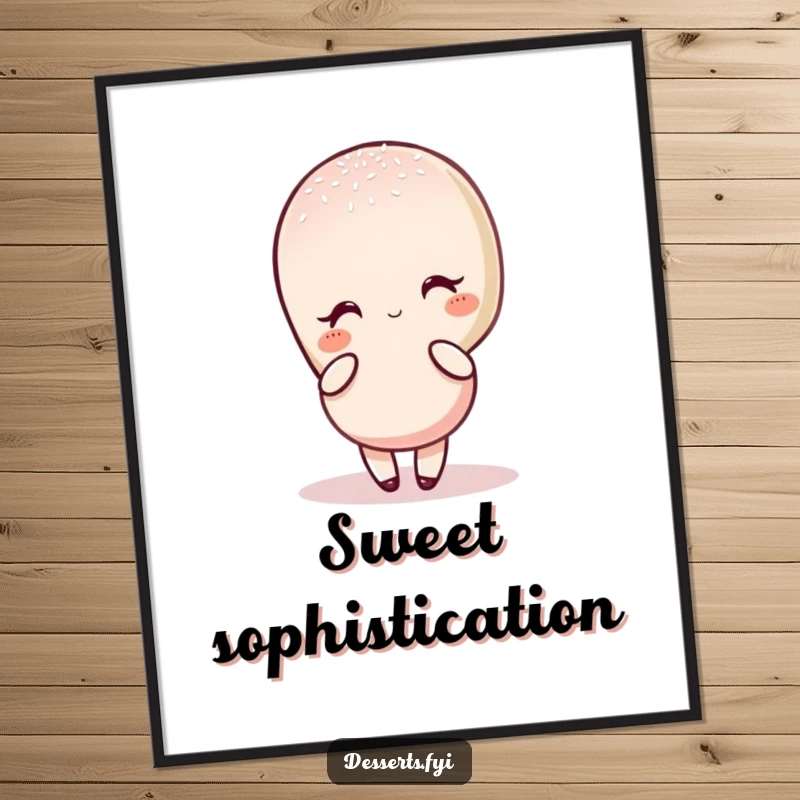 Funny poster featuring a charming macaron character in an elegant pose, lightly dusted with sugar, creating a sophisticated and humorous visual.