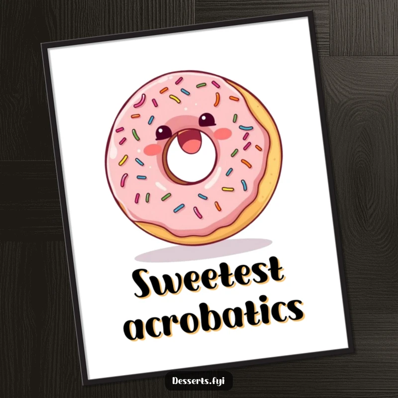 Funny Poster: A delighted donut with colorful sprinkles joyfully performing a somersault, a piece of sweet art.