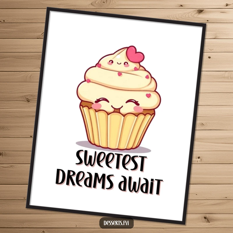 Funny poster featuring a smiling cupcake character embracing itself with eyes closed, exuding happiness and sweetness.
