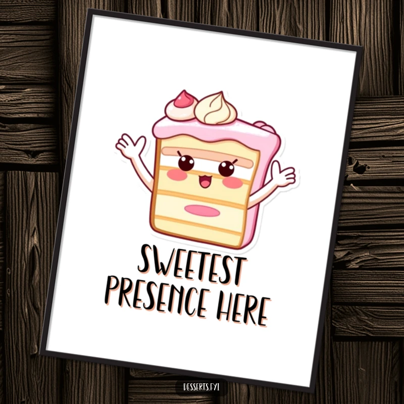 Funny Poster art displays a whimsical cake slice character with frosting arms waving energetically, adding a playful and humorous touch to wall decor.