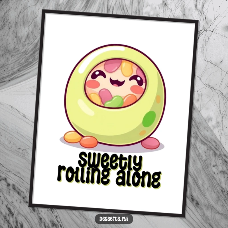 Funny jelly bean poster featuring a jubilant, rolling jelly bean character, adding a cheerful and humorous splash to wall decor.