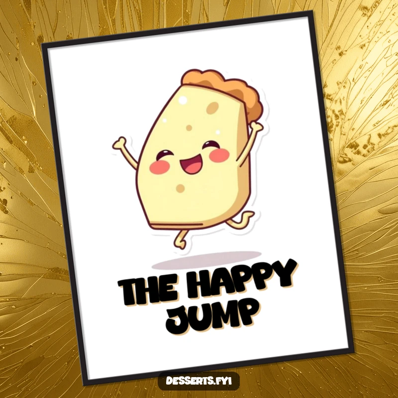 Funny poster featuring a cheerful slice of pie character mid-leap, a sweet and humorous piece of decor.