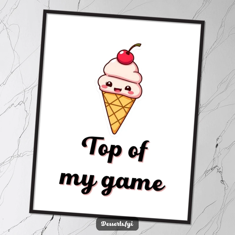 Funny poster print of a giggling ice cream cone with a cherry on top bouncing with delightful energy.