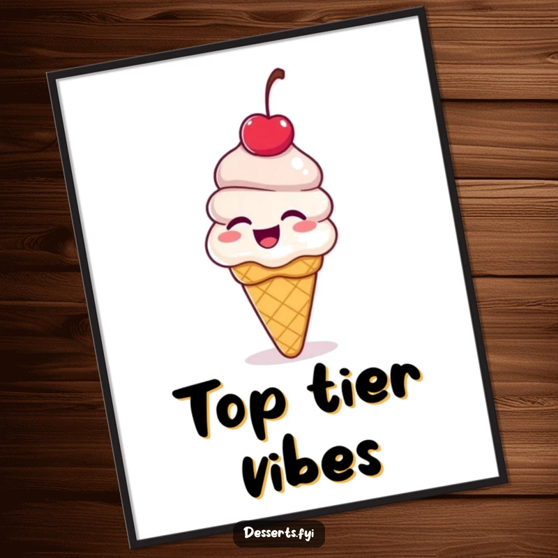 Funny ice cream cone poster, a dessert with a cherry on top giggling and bouncing with delight, bringing humorous sweet treat art to any wall.
