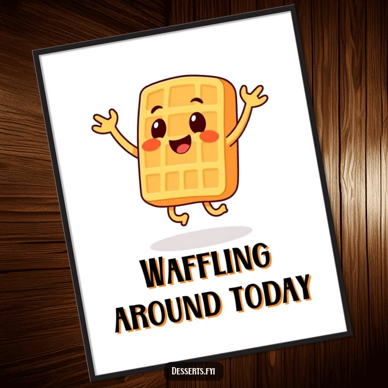Funny poster of a smiling waffle character performing energetic jumping jacks, bringing a sense of fun and movement.