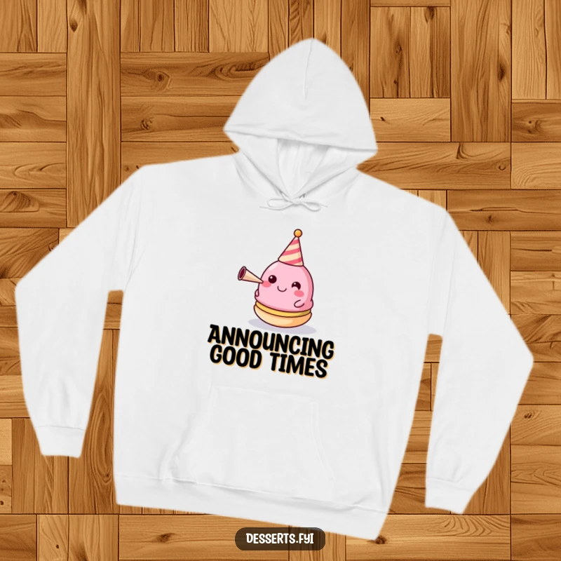 Funny Hoodie: A happy macaron adorned with a small party hat, blowing a festive horn with joy.